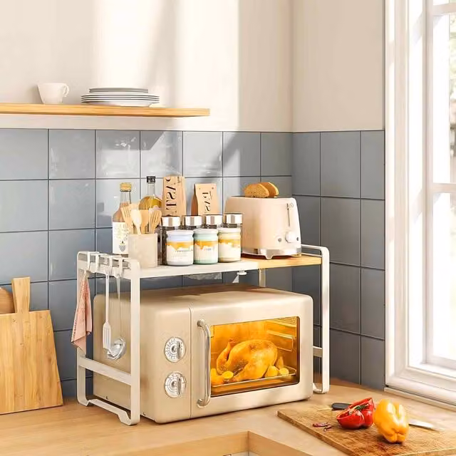 The Bazaarist Expandable Microwave Shelf with 4 Hooks in White and Natural Bamboo – 1