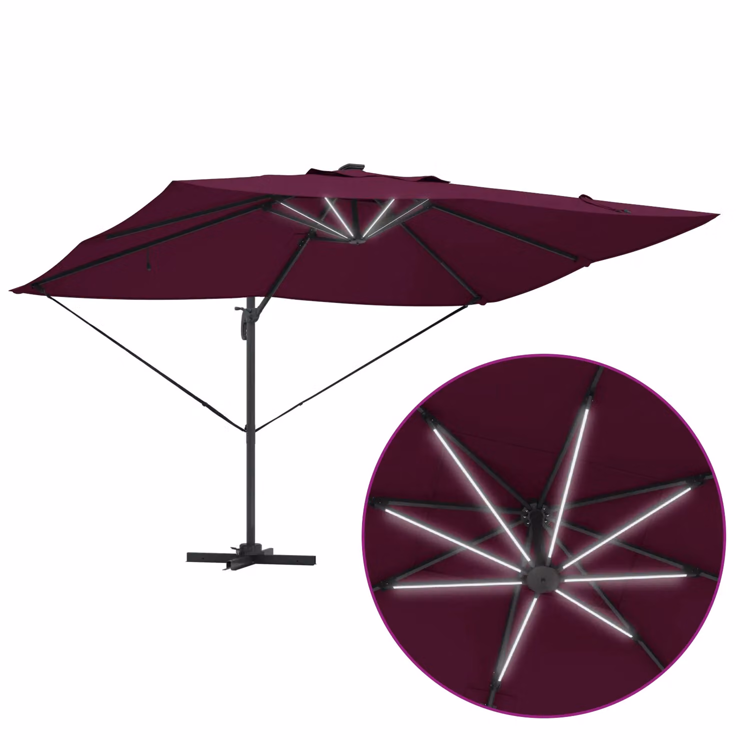 Berkfield Home Roma Cantilever Parasol with LEDs in Bordeaux Red, Aluminium Construction, W: 352 cm, D: 251 cm, H: 265 cm – 6