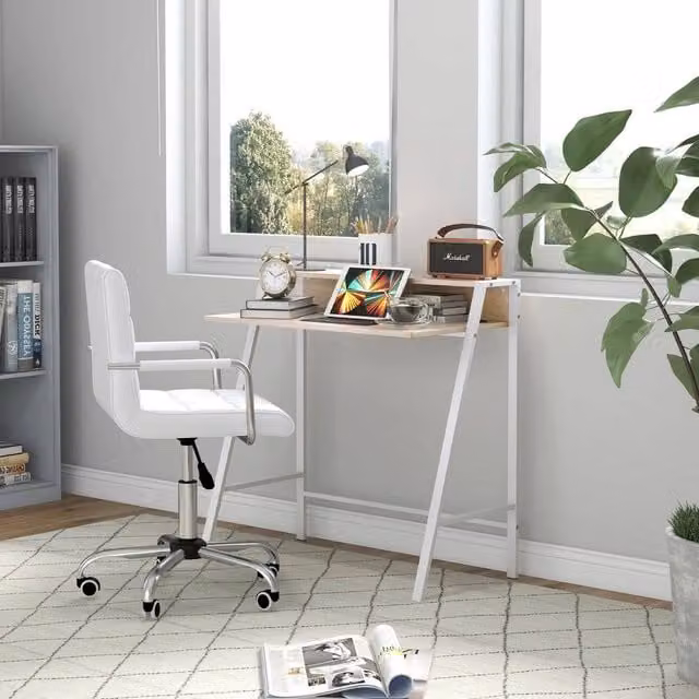 FORGEVIO Minimalist Office Desk and Swivel Chair Set with Shelf in White and Multicolour – 1