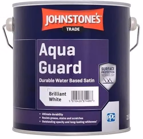 Johnstone's Trade Aqua Guard Water Based Satin Paint in Brilliant White, 1 Litre