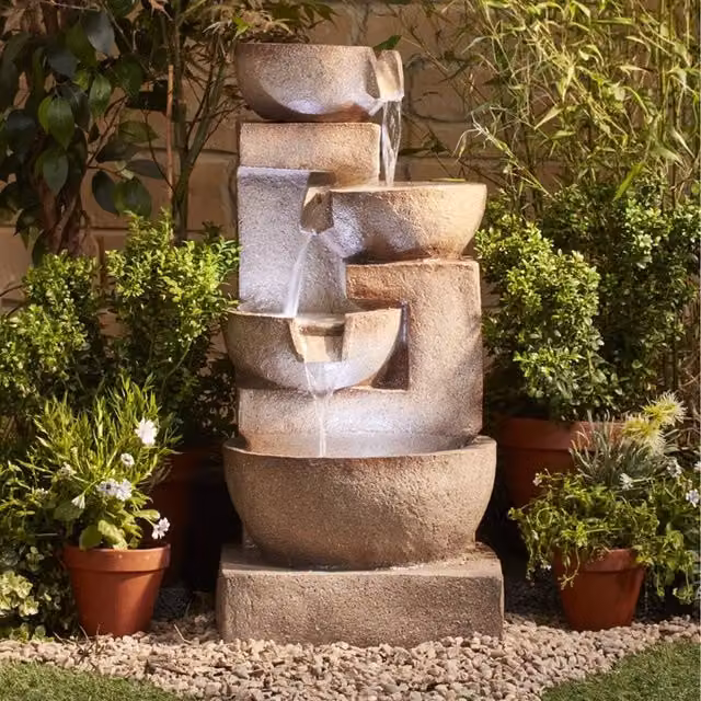 Serenity Stone Effect 4 Tier Cascade Laguna Water Feature with LED Lights in Beige