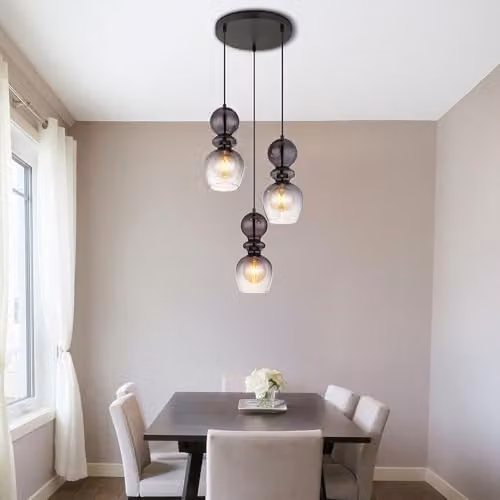 Globo Lighting Modern Suspended Pendant Light for Dining Rooms with Smoky Grey Glass and Black Metal Finish, 3 x E27 Bulbs – 4