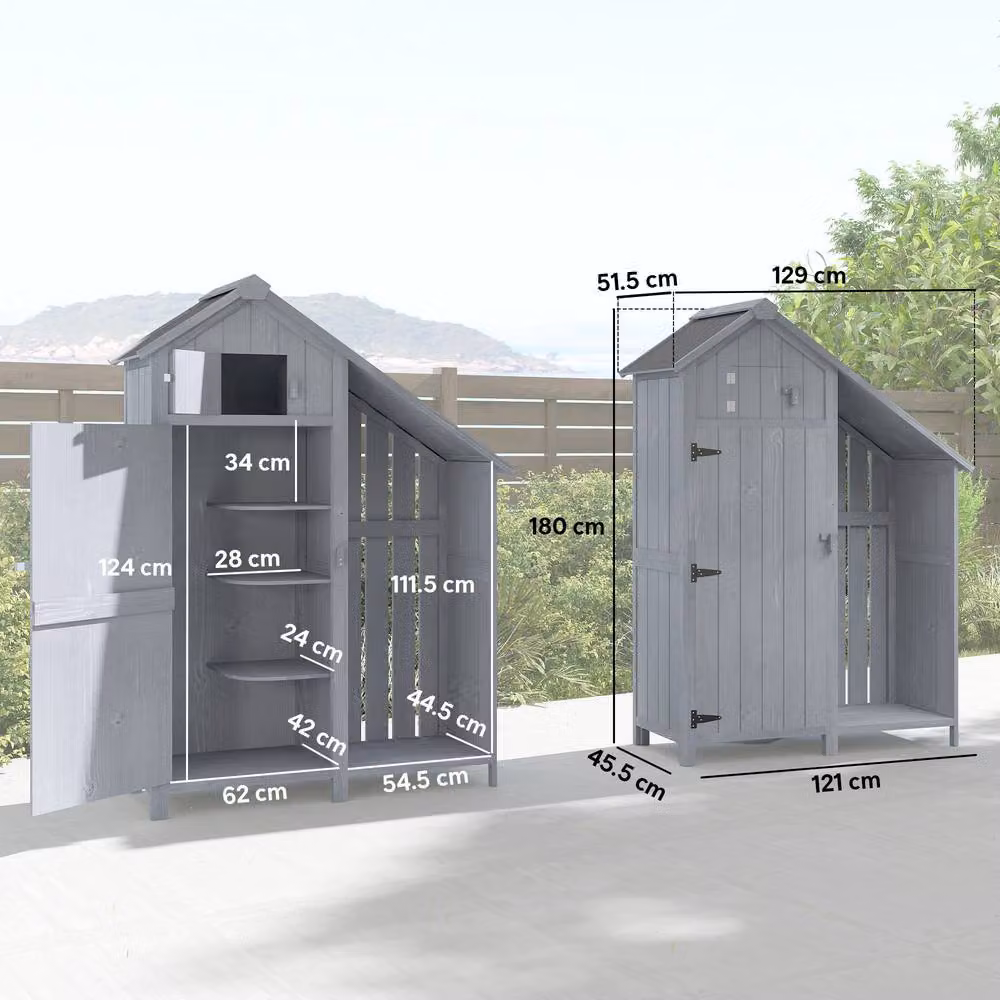 OUTSUNNY Grey Fir Wood Garden Storage Shed with Shelving and Log Rack, W/D/H: 121.0 x 54.5 x 180.0 cm – 3