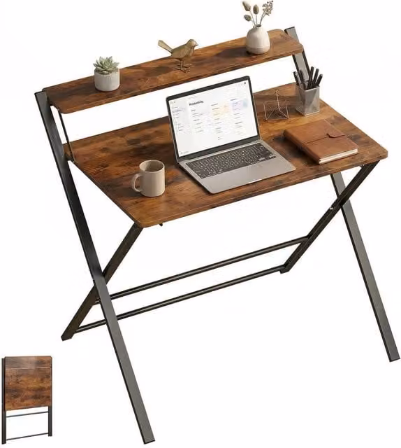 PAWNORA Brown Folding Writing Desk with 2-Tier Shelf for Home Office