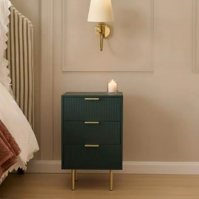 OHS Modern Ribbed 3-Drawer Bedside Table and Office Nightstand in Dark Green