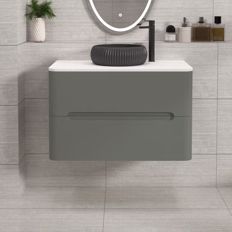 Royal Bathrooms Venice 800mm Wall Hung Vanity Unit in Sage Green with 2 Drawers, Plain White Worktop and Milan Black Basin