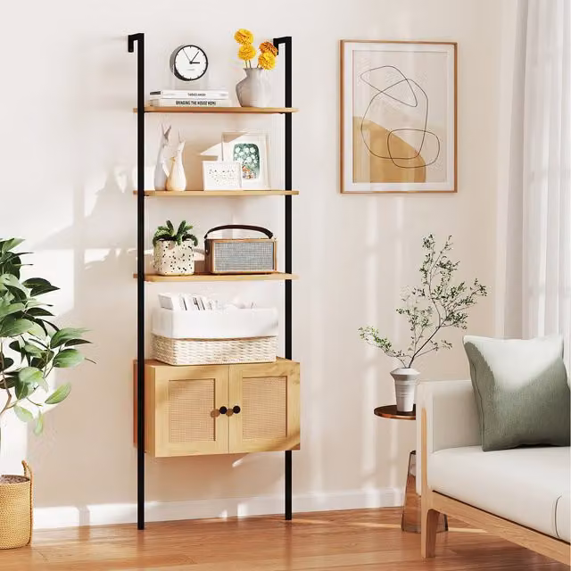 Costway 5-Tier Scandinavian Ladder Bookcase with Cabinet in Natural Brown and Rattan Wood and Metal