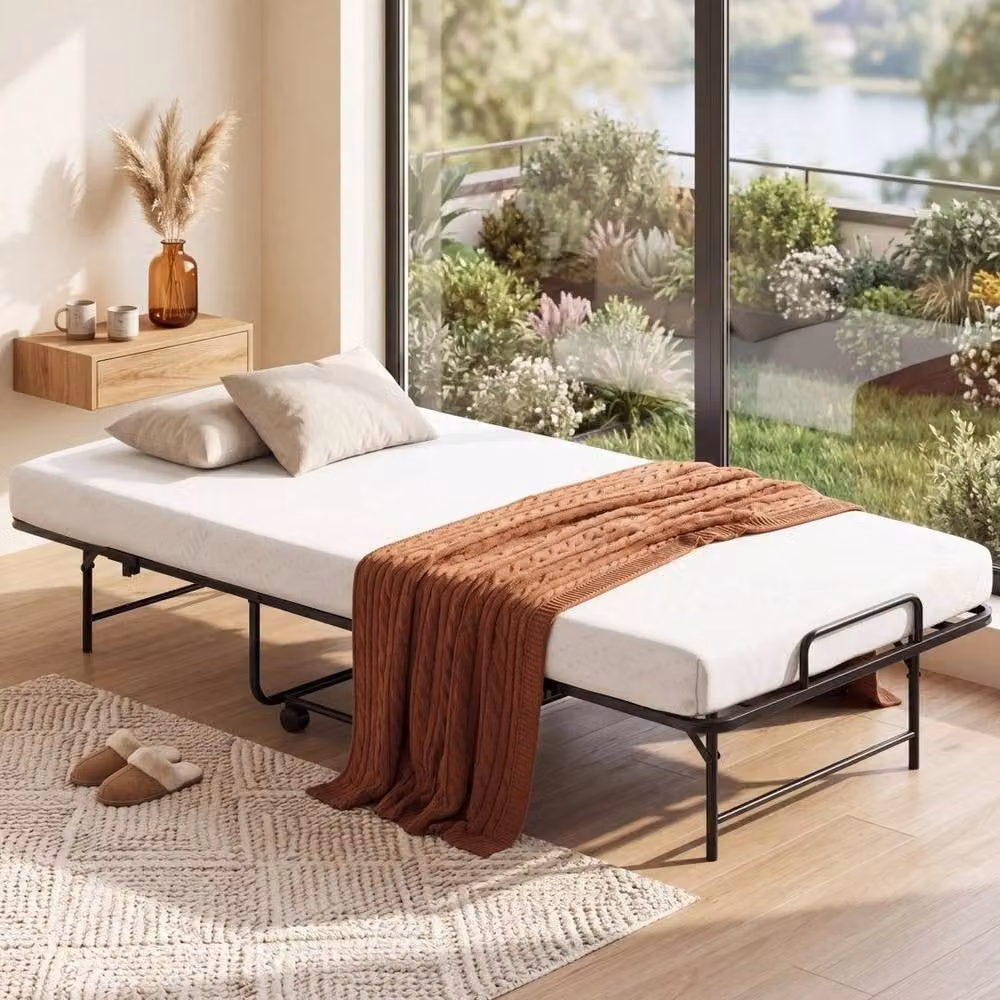 KORVIXA Portable Foldable Single Guest Bed with Foam Mattress and Metal Frame, White/Multicolour, W/D/H: 90 x 190 cm – 2