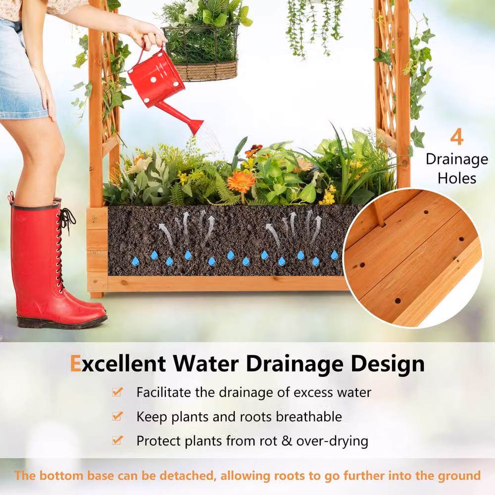 Gymax Raised Garden Bed with Arch Trellis Planter Box and Hanging Roof in Brown – 6