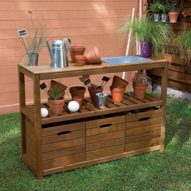 Cerland Choko Rustic Pine Wooden Garden Bar with Storage in Brown, W/D/H: 90 x 45 x 45 cm