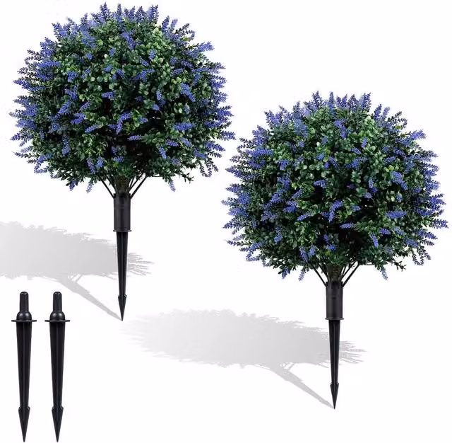 Havendro 2-Pack Artificial Lavender and Boxwood Topiary Ball Shrubs, Green, Diameter: 70 cm