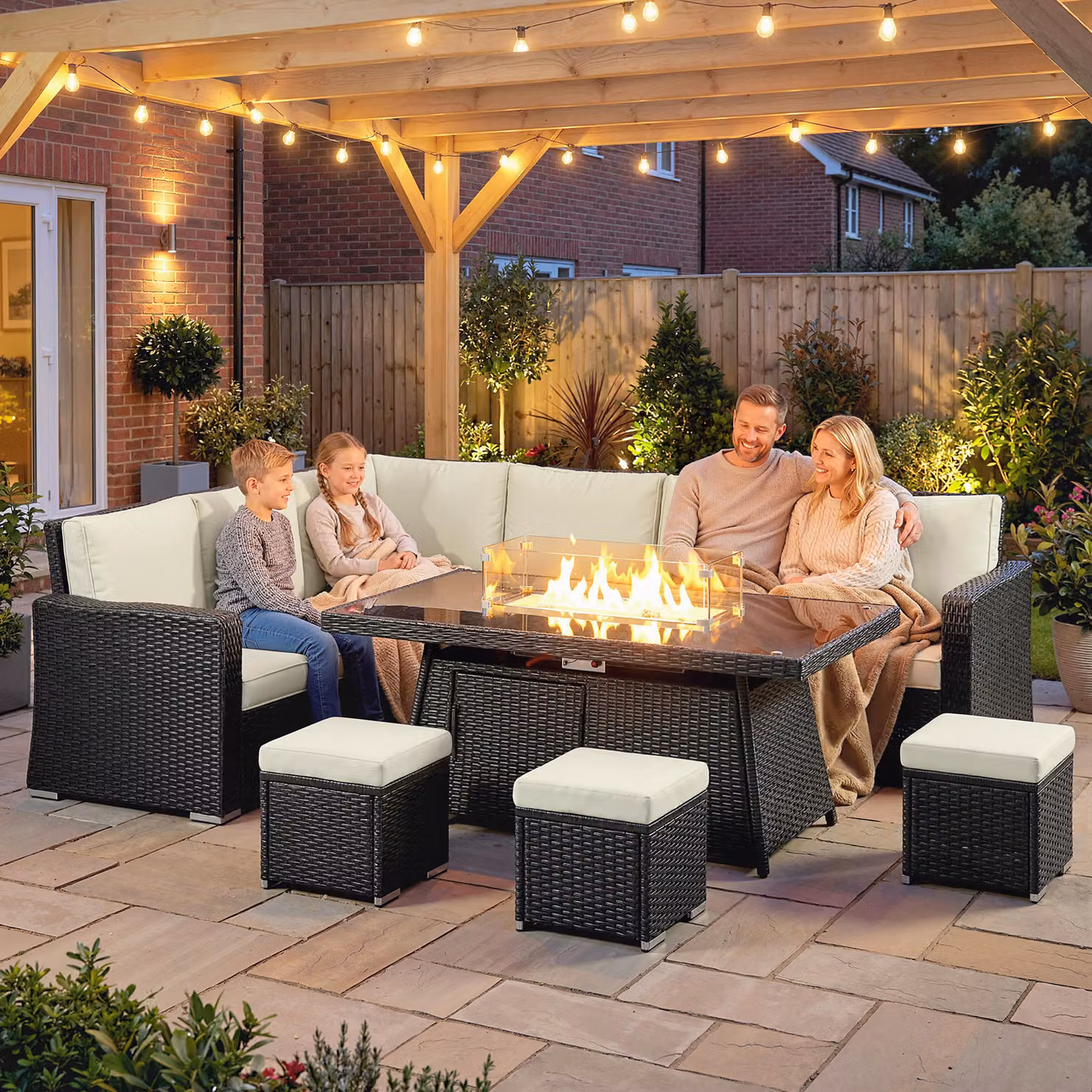 Outsunny 7 Piece PE Rattan Garden Furniture Set with 50,000 BTU Gas Fire Pit Table, Double Corner Sofa and 3 Footstools – 8