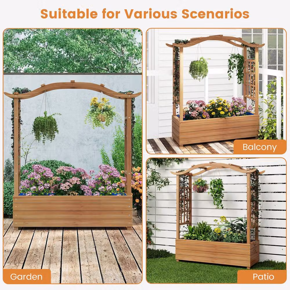 Gymax Solid Wood Raised Garden Bed with Trellis and Hanging Roof, Brown, W/D/H: 124 x 36 x 99 cm – 2