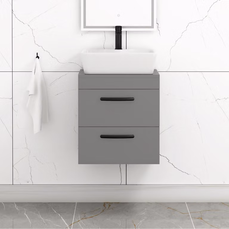 Royal Bathrooms 500mm Wall Hung Vanity Unit with 2 Drawers and Cube Countertop Basin in Indigo Grey Gloss with Matt Black Handles
