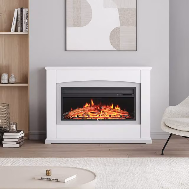 Livingandhome Recessed Rectangular Electric Fireplace with LED Lighting and White MDF Surround