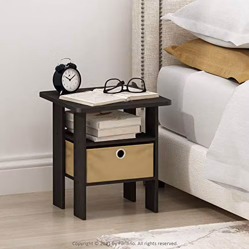 Furinno Andrey Side Table with Open Shelves and Storage Bin in Espresso Brown – 3