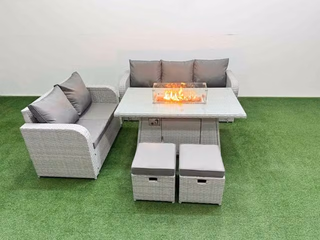 Fimous 7 Seater PE Rattan Wicker Garden Furniture Set in Light Grey with Firepit Dining Table, 3 Seater Sofa, Love Seat and 2 Stools