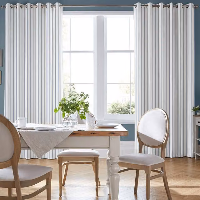 Laura Ashley Farnworth Made To Measure Blackout Eyelet Curtains in Blue Striped Cotton Fabric, Dusky Seaspray