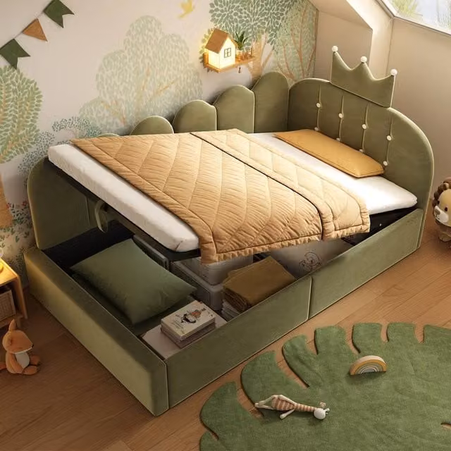 Merax Green Velvet Upholstered Daybed with Hydraulic Lift-Up Storage and Crown Headboard, W/D/H: 90 x 190 cm – 1