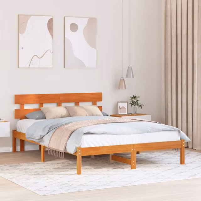 Berkfield Home Solid Wood Pine Bed Frame with Headboard in Wax Brown, W/D/H: 200 x 140 x 80.5 cm – 1