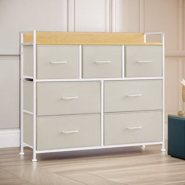 FURNOS Industrial Bedroom Chest with 7 Fabric Drawers in Beige