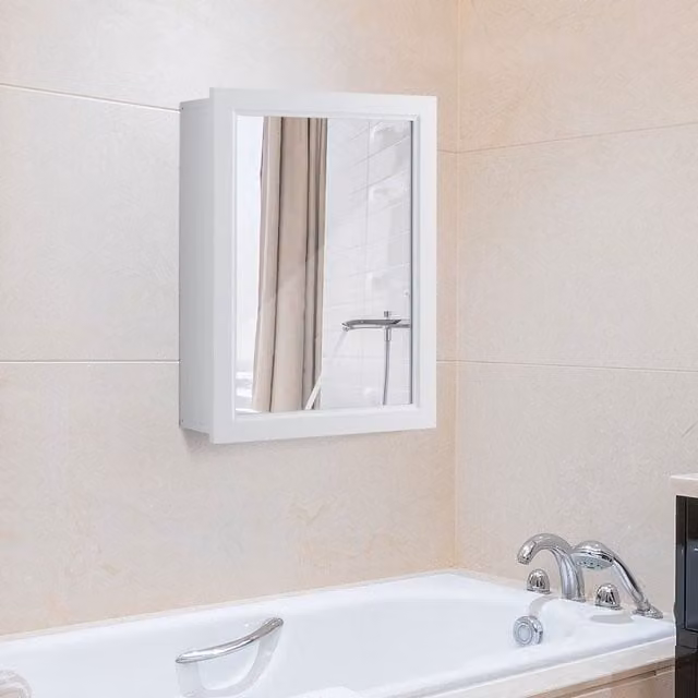 Gymax White Wall Mounted Bathroom Mirror Cabinet with Internal Shelves and Hinged Glass Doors