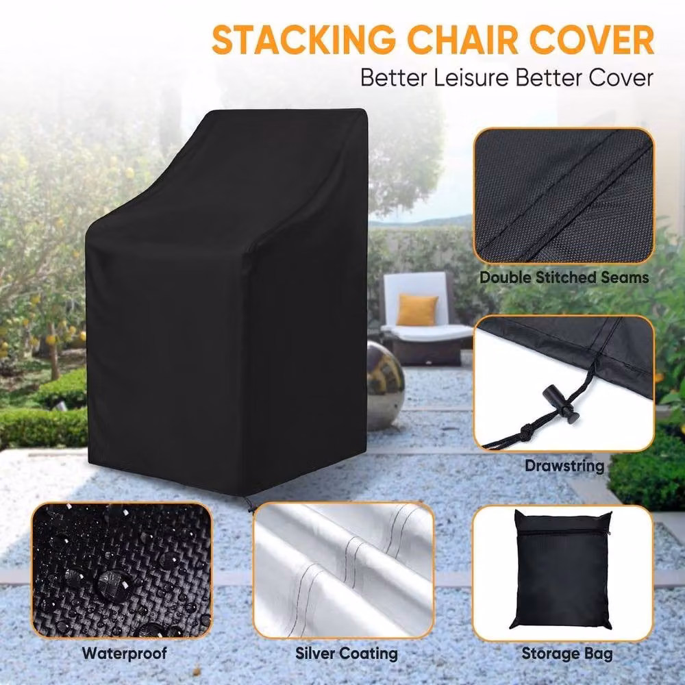EONLION Waterproof Black Polyester Stacking Dining Chair Cover for Outdoor Garden, 100 cm – 3