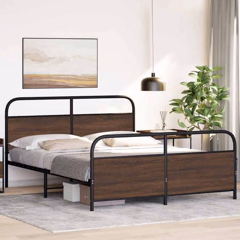 Berkfield Home Metal Bed Frame in Black and Brown Oak, W: 160 cm, L: 200 cm – 1