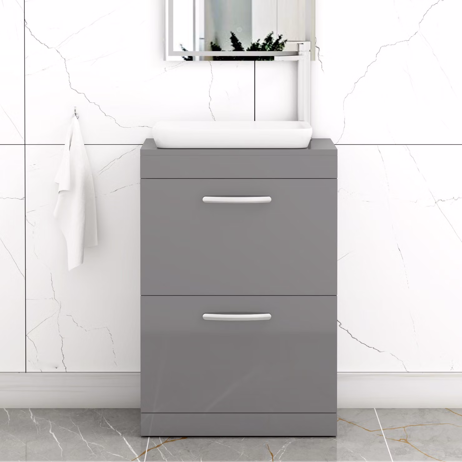 Qubix Turin 500mm Floor Standing 2 Drawer Bathroom Vanity Unit with Countertop Basin in Indigo Grey Gloss