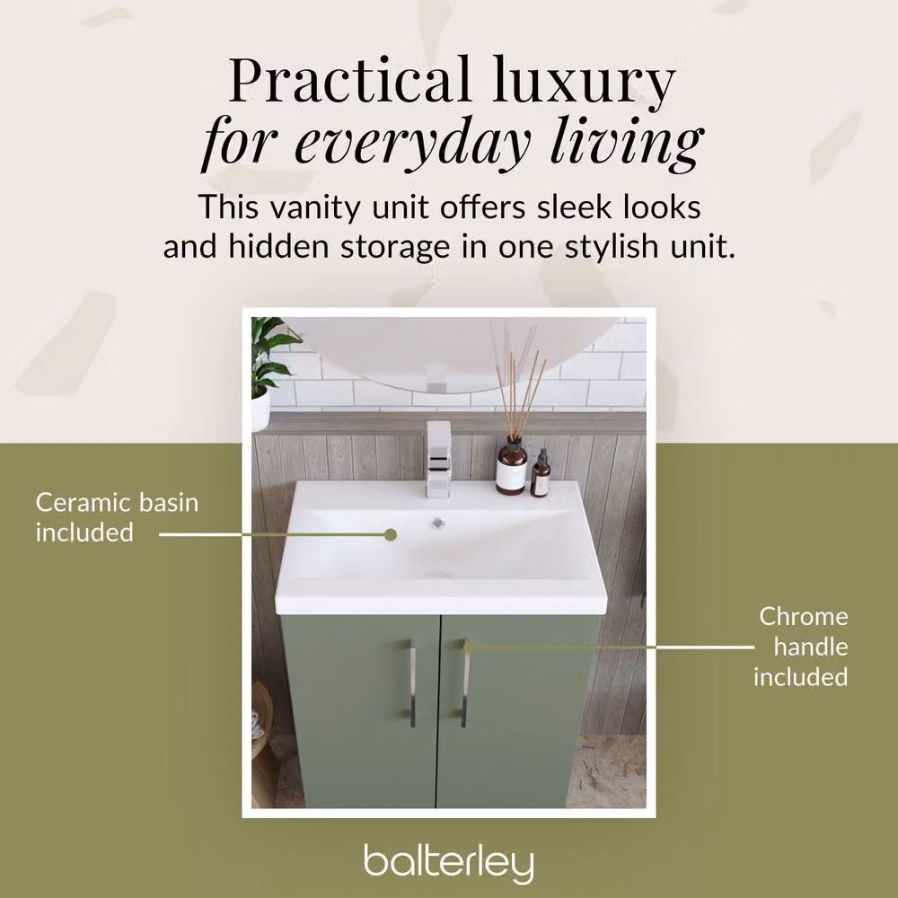 Balterley Contemporary Floor Standing Bathroom Vanity Unit with Mid-Edge Basin, Satin Green, W: 60.0 cm, D: 39.0 cm, H: 84.0 cm – 3