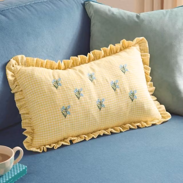 furn Les Petite Fleurs Yellow Gingham Ruffle Cushion, 100% Cotton, W/D/H: 50 x 30 x 30 cm