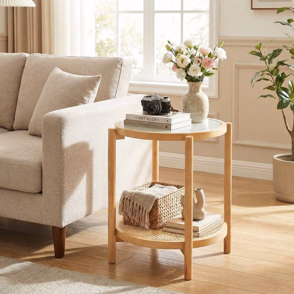 Gymax Round 2-Tier Boho Side Table in Natural Acacia Wood and Glass – 5
