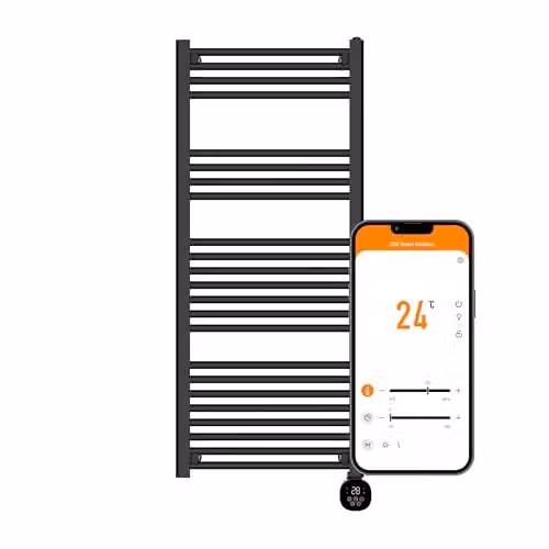 TCP Smart Black Ladder Style Towel Rail Radiator with WiFi and App Control, 1000W, W/H: 50.0 x 125.0 cm
