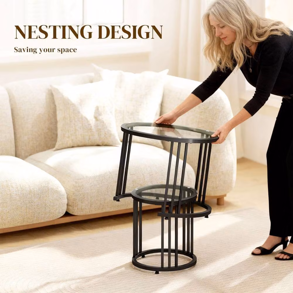 Wyld Haus Kane Set of 2 Round Nesting Tables with Black Metal Steel Frame and Glass Tops – 4