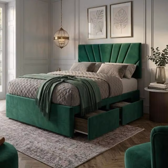 Bed Time UK Plush Divan Bed with 20 inch Sunrise Headboard, 2 Drawers and Mattress in Green, W/D/H: 140 x 200 cm