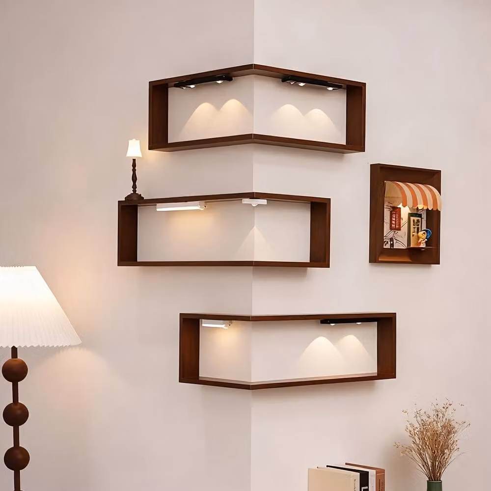 FORGEVIO Set of 3 Rustic Brown Pine Wood Floating Corner Wall Shelves – 3