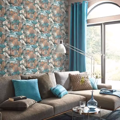 Erismann Gentle Landscape Fabric Effect Textured Vinyl Wallpaper in Petrol, Mocha and Multicolour – 2