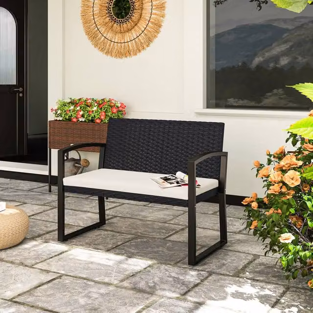 OUTSUNNY 2 Seater Rattan Garden Bench with Cushions and Armrests, Black and Beige – 1