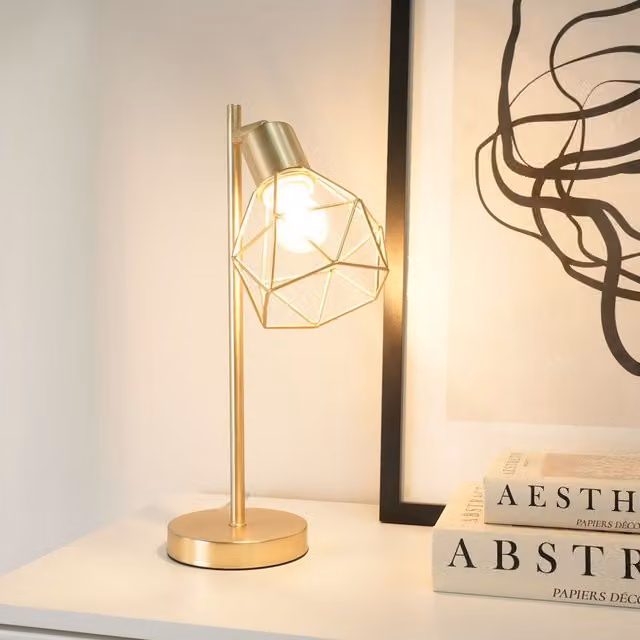 ValueLights Angus Metal Geometric Basket Shade Table Lamp in Gold with LED Bulb, Shade Width: 12.5 cm – 1