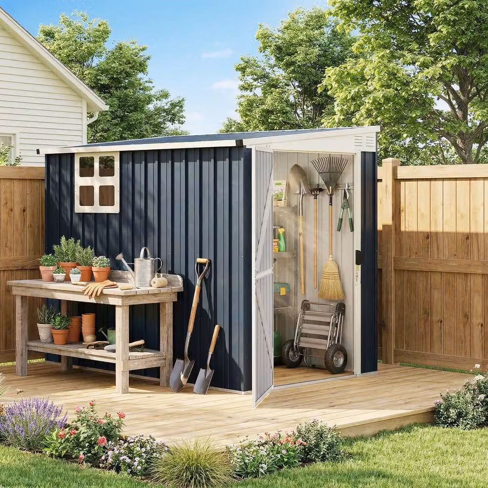 Rolipo Metal Pent Garden Shed with Window and Lockable Door, Dark Grey, W/D/H: 231.1 x 121.9 x 231.1 cm – 3
