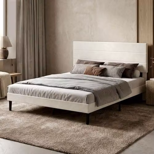 Levede King Size Bed Frame with Adjustable Upholstered Headboard in Beige Velvet Fabric, W/D/H: 135 x 190 x 113 cm