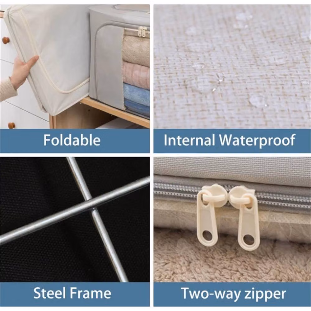 VOGREX 3-Piece Set of Foldable Zipped Fabric Storage Bags for Clothes and Wardrobes in Beige – 4