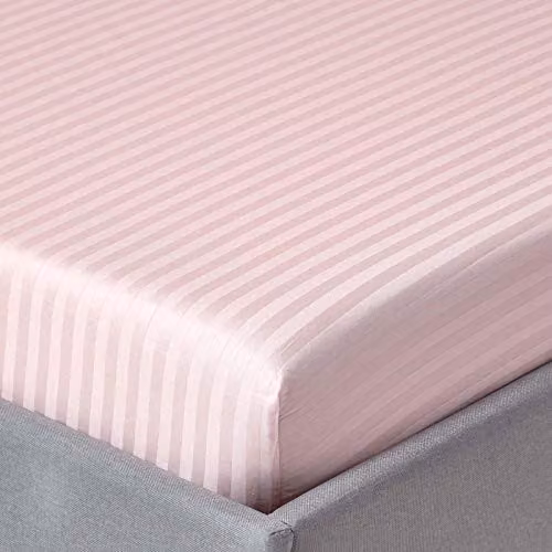 HOMESCAPES Pink Egyptian Cotton Mako Satin Stripe Fitted Sheet, W/D/H: 120 x 200 x 30 cm