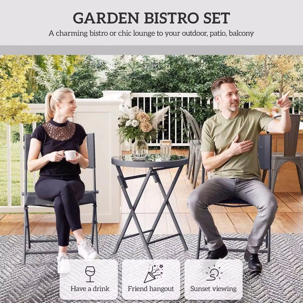 SPETLEK 3 Piece Outdoor Bistro Set with Glass Top Table and Chairs in Black, W/D/H: 100 x 100 x 65 cm – 4