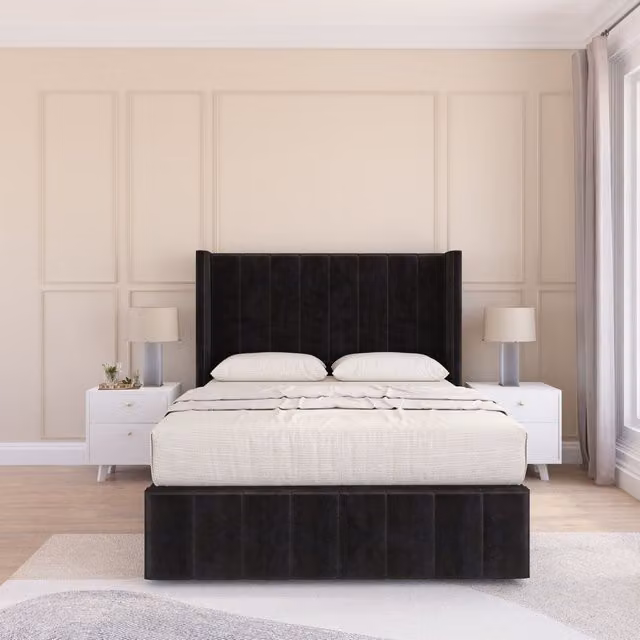 Sloomy Melbourne Small Double Upholstered Wingback Bed Set in Black Plush Velvet, W/D/H: 120 x 200 cm
