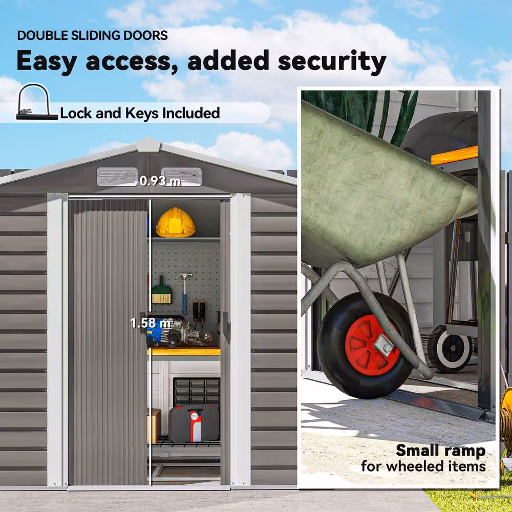 Rolipo Galvanised Steel Garden Shed with Foundation Kit and Lock, Light Grey – 5