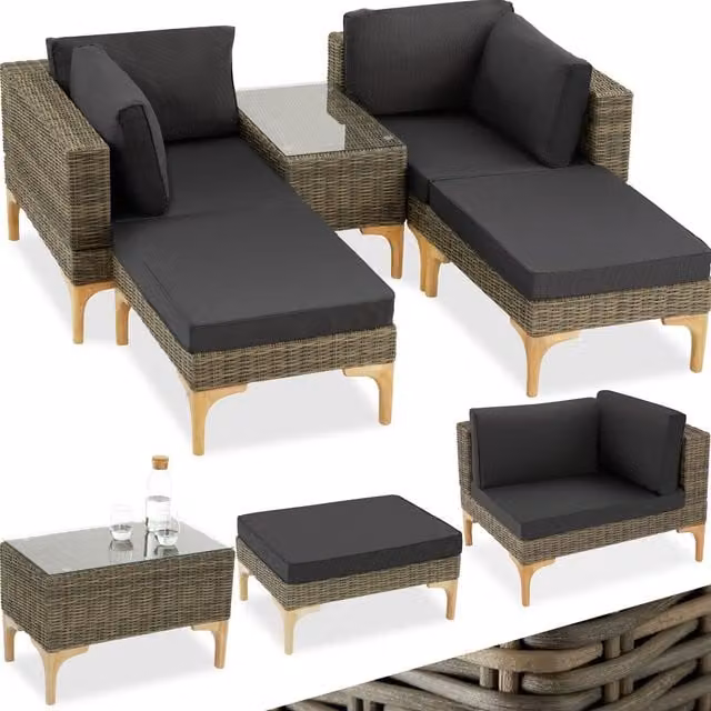 Tectake Bellaria Rattan Lounge Set with 2 Armchairs, 2 Ottomans and Side Table in Brown and Grey