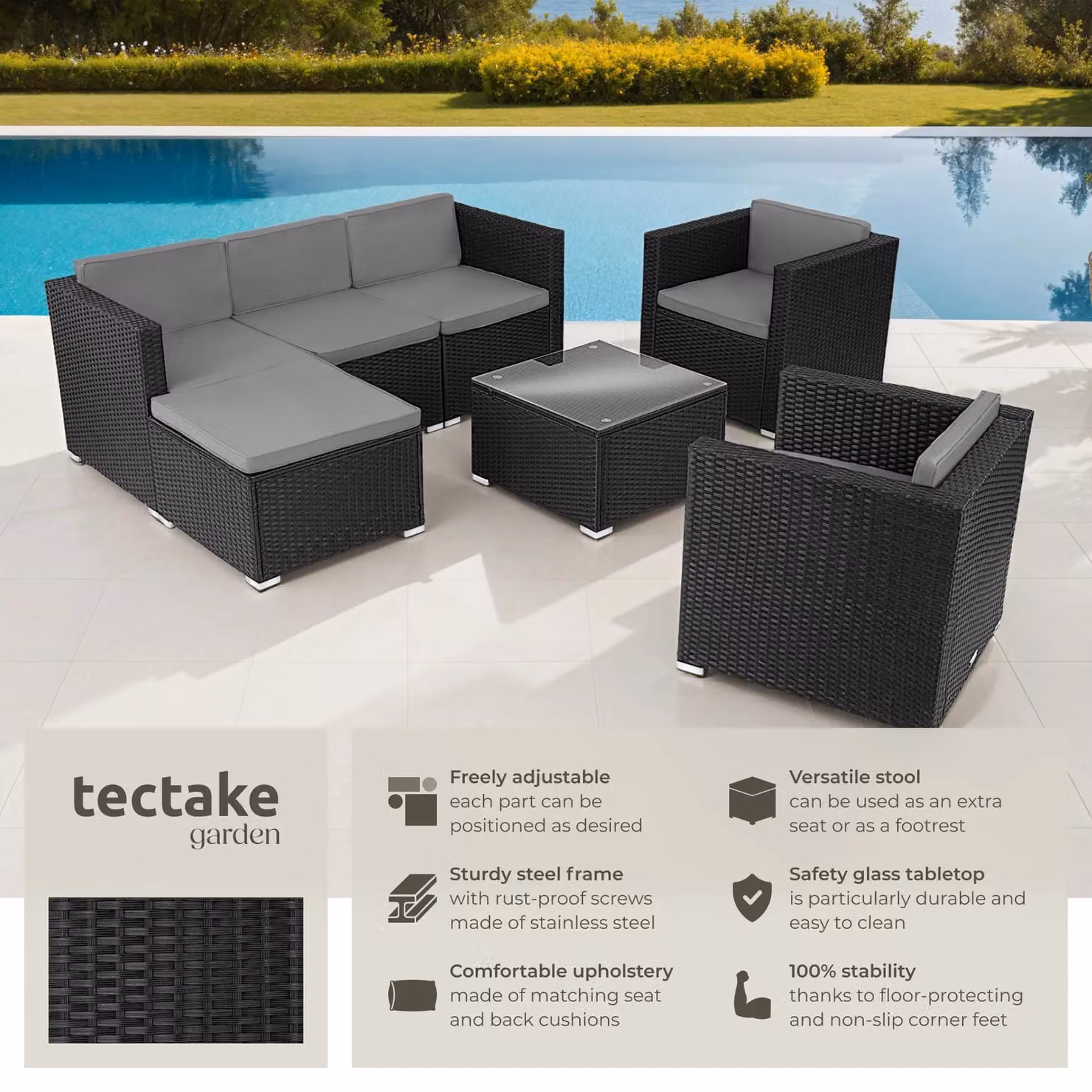 tectake Lignano Modern L-Shape Garden Furniture Set in Black with Upholstered Cushions, Coffee Table and Ottoman – 2