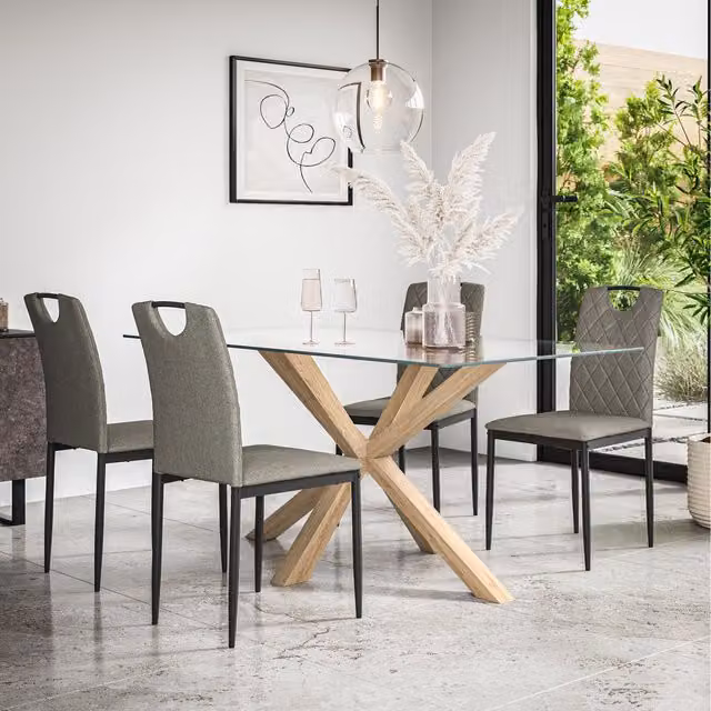 More4Homes Etta Glass Dining Table Set with Solid Oak Legs and 4 Grey Chairs