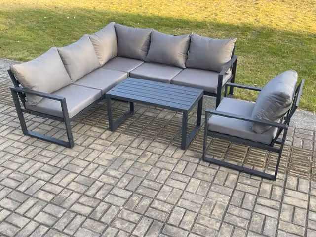 Fimous L-Shape Outdoor Garden Furniture Set in Dark Grey with 3-Seater Sofa, Coffee Table and Upholstered Cushions